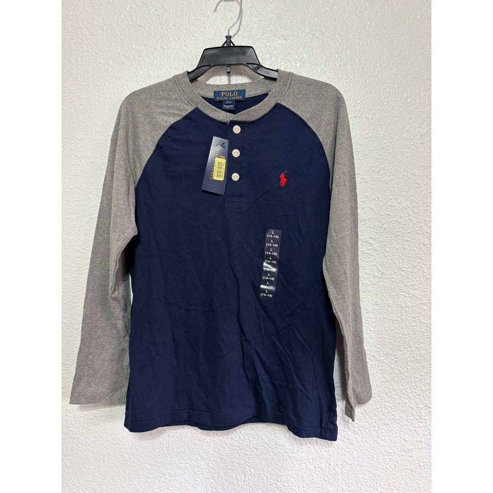 Polo Ralph Lauren Boys Navy Raglan Henley Shirt Long Sleeve Size L 14-16 NWT